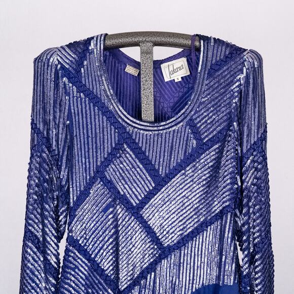 Vintage 80s Beaded Silk Cocktail Dress Women's SMALL Ruffle Asymmetric Hem Blue - Picture 2 of 9